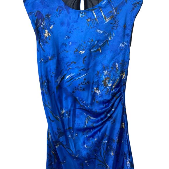 ZARA Oriental Printed Satin Midi Dress Ruched Shoulder Pads Keyhole Blue Small - Picture 6 of 12